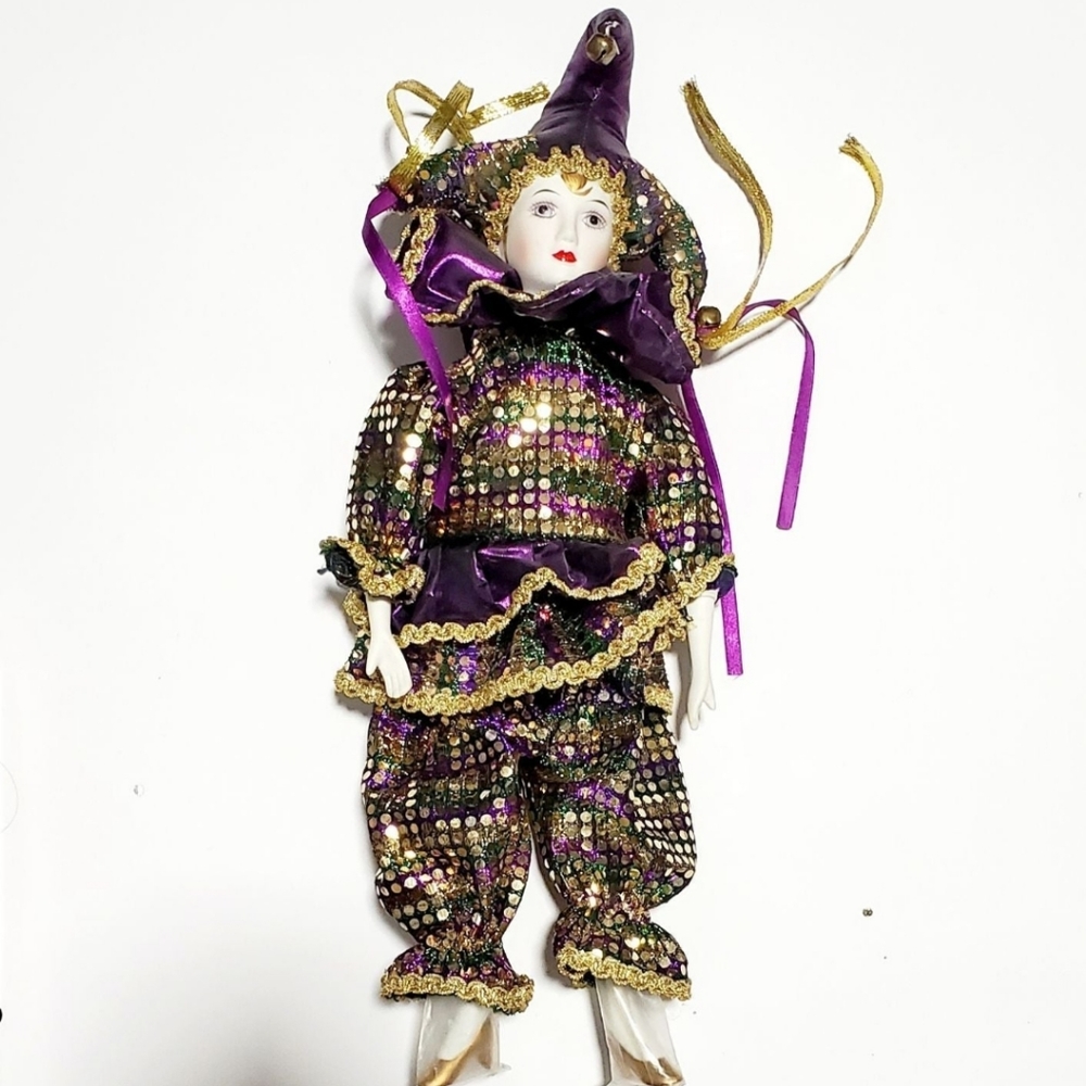 Porcelain mardi gras jester doll in original box
